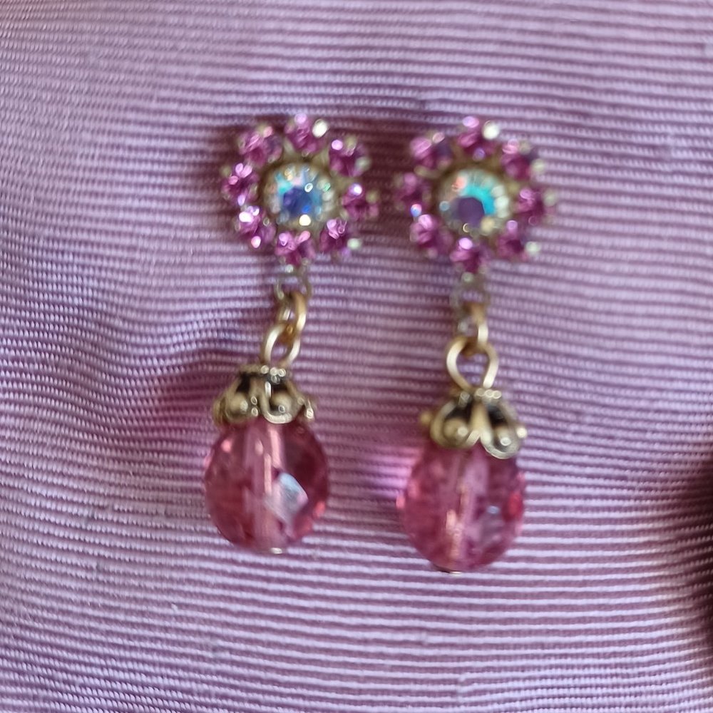 MAXIMAL ART FANCY PINK FLOWER POSTS w/ PINK CRYSTALS DROP EARRINGS